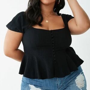 Forever 21 Black Peplum Top Puff Sleeve Square Neck Button Front Plus Size 3X